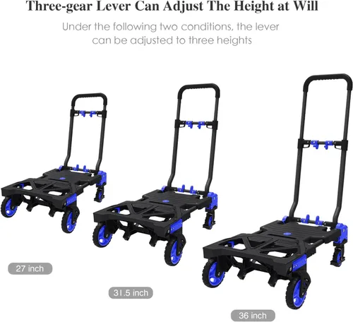 Miniatura 2 de Carretilla de Mano Plegable de Servicio Pesado con Capacidad de Carga de 330 Libras, Carrito Convertible con Mango Retráctil y 4 Ruedas de Goma, Azul