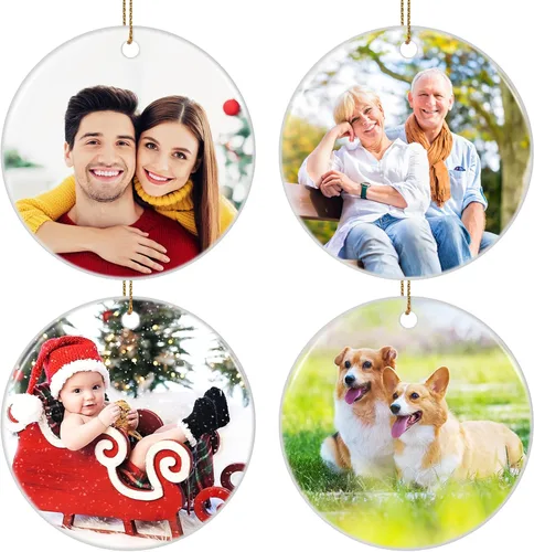Paquete de 4 adornos de Navidad personalizados 2025 de cerámica personalizada con foto y texto para decoración de árbol de Navidad, primera Navidad,