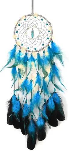 Dremisland Atrapasueños hecho a mano con plumas azules para colgar en la pared, elegante arte de pared para ventanas, balcón, dormitorio, boda,