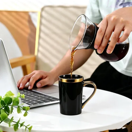 Miniatura 5 de Juego de 6 tazas de café de oro negro de 12 onzas, tazas de cerámica de porcelana con mango y borde dorados, apto para lavavajillas, regalo elegante