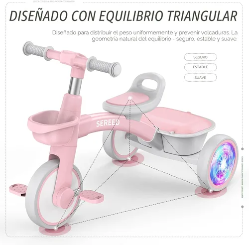 Miniatura 4 de SEREED Triciclo de iluminación colorida para niñas de 2 a 5 años, triciclo ajustable con asiento y manillar, cesta extraíble, idea de regalo de Rosa