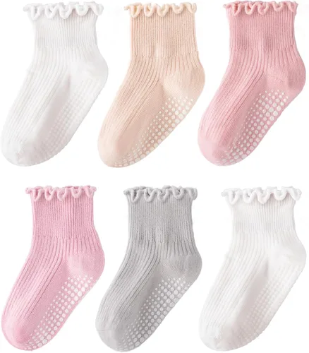 HONGTEYA - 6 pares de calcetines con volantes para niñas, calcetines antideslizantes para bebés con agarre para niñas y niños de 1 a 2 años, 3 a 4