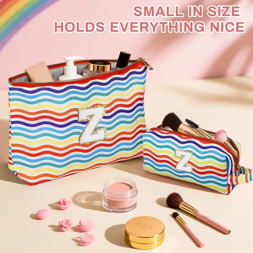 Miniatura 35 de Bolsa de viaje de maquillaje con monograma de 2 piezas para regalos de niñas adolescentes, bolsa de cosméticos para niñas, bolsa de aseo de viaje