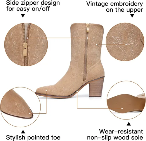 Miniatura 3 de SHIBEVER Botas vaqueras para mujer, de pantorrilla ancha, con bordado occidental, botas vaqueras con puntera puntiaguda