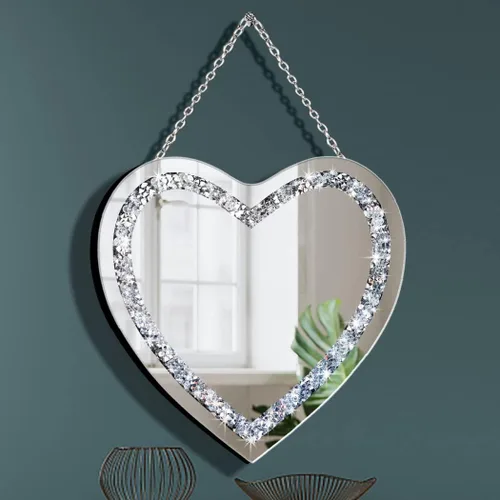 DMDFIRST Espejo de plata con forma de corazón de diamante de cristal con cadena de acero inoxidable plateado para decoración de pared, 12 x 12 x 0.5
