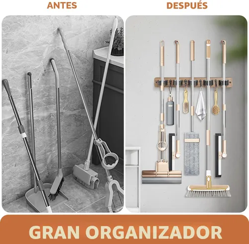 Miniatura 4 de IMILLET - Soporte de pared para escobas, colgador de escobas de madera rústica con 5 estantes y 4 ganchos, organización y almacenamiento