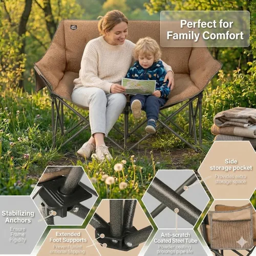 Miniatura 4 de Silla plegable para camping, silla doble portátil con soporte para tazas, soporte para copas de vino, bolsa de transporte resistente para 2 adultos