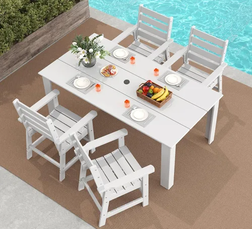 Miniatura 23 de GREENVINES Juego de comedor al aire libre de 7 piezas Juegos de mesa y sillas de plástico HDPE de 67 pulgadas para 6 Muebles de patio Todo