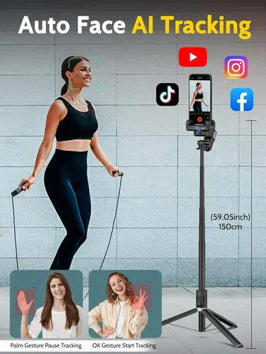 Miniatura 3 de AOCHUAN Trípode de seguimiento facial automático con rotación de 360 grados con luz RGB, cardán de teléfono de un solo eje para iPhone Android