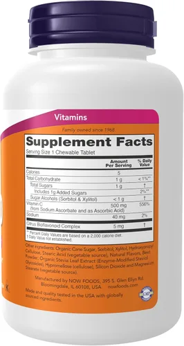 Miniatura 2 de Suplementos NOW, vitamina C-500, protección antioxidante*, sabor a cereza, 100 pastillas masticables