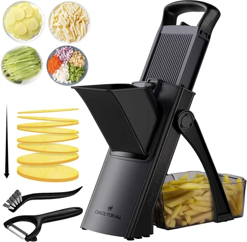 ONCE FOR ALL - Mandolina segura para cocina, tamaño más grande, picadora de verduras ajustable, cortador de alimentos para hacer patatas fritas con