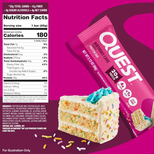 Miniatura 3 de Barras de proteínas Quest Nutrition Pastel de Cumpleaños, 20g de proteína, 1g de azúcar, 4g de carbohidratos netos, sin gluten, aptas para ceto, 12