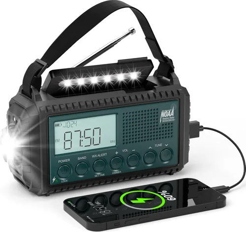 AUTO NOAA Radio de emergencia de alerta, manivela solar portátil AM FM radio meteorológica de onda corta para supervivencia, radio a pilas con