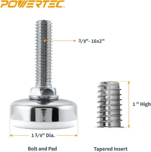 Miniatura 2 de POWERTEC Pies niveladores roscados 8 piezas con insertos roscados de 3/8"-16, pies ajustables resistentes para muebles con almohadillas grandes