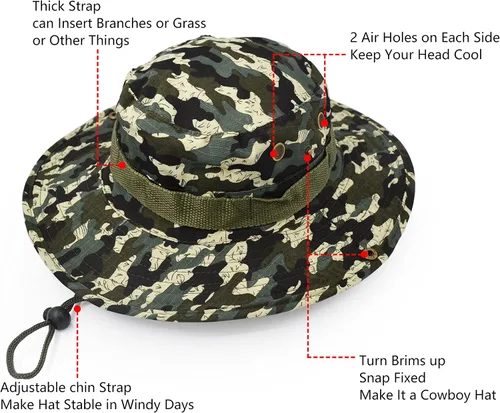 Miniatura 3 de Sombrero de protección solar de ala ancha para exteriores, clásico estilo militar de combate de EE. UU., gorra de sol para pesca, caza, campamento