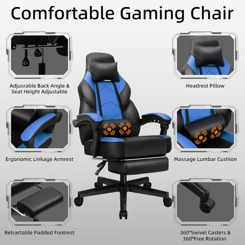 Miniatura 8 de Silla de juego Shintenchi, silla para videojuegos con reposapiés y soporte lumbar de masaje, silla de juego ajustable en altura con asiento