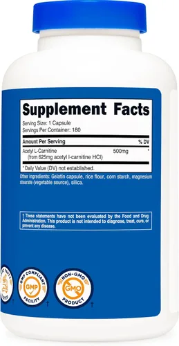 Miniatura 5 de Nutricost Acetil L-carnitina 500 mg, 180 cápsulas - Sin OMG y sin gluten (2 botellas)