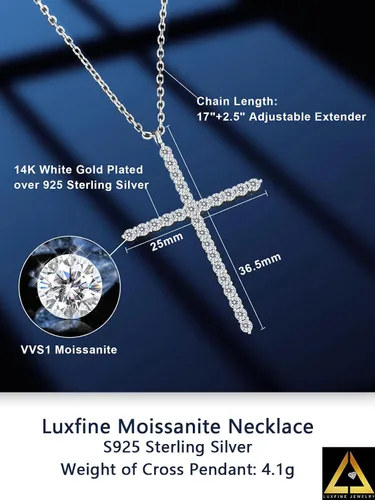 Miniatura 2 de Collar de cruz de moissanita para mujer, dije de crucifijo de diamante de plata de ley 925, chapado en oro blanco de 14 quilates, joyería cristiana