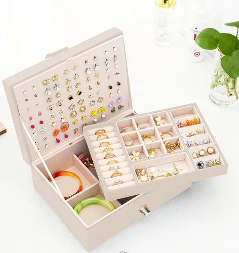 Miniatura 81 de Joyero de pendientes para mujeres y niñas, organizador de aretes de 5 capas, caja organizadora de joyas blanca con candado, collares y aretes