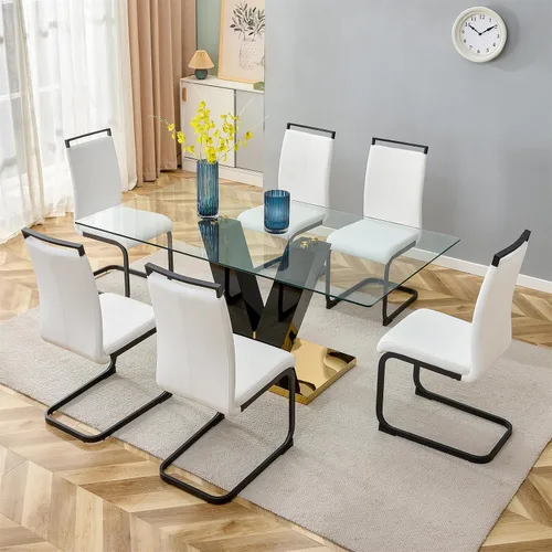 Miniatura 34 de Juego de mesa de comedor de vidrio de 71 pulgadas para 6, juego de mesa de comedor para 6, mesa de cocina moderna y 6 sillas de PU, parte superior 6