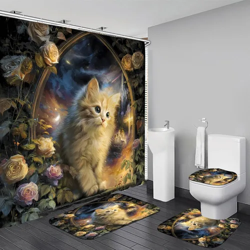 Juego de 4 cortinas de ducha de gato con alfombras antideslizantes, cubierta para tapa de inodoro y tapete de baño, diseño de castillo rosa,