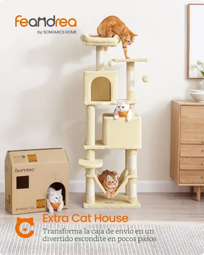 Miniatura 2 de Feandrea - Árbol para gatos de varios niveles para interiores, torre para gatos tipo condominio con 4 postes para rascar, 2 posaderos, hamaca y Beige