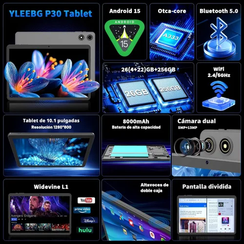 Miniatura 3 de Tableta Android 15 de 10 pulgadas 2026 con teclado, 26 GB+256 GB, expansión de 2 TB, Tablet PC Gemini AI con Octa-Core, 8000mAh, WiFi 5G, GPS, GMS