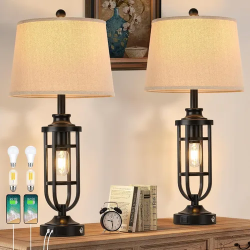 Miniatura 7 de Lámparas de Mesa Estilo Granja de 28.8" para Sala de Estar, Juego de 2, Lámparas Táctiles Regulables de 3 Vías con Puertos USB, Lámparas Rústicas