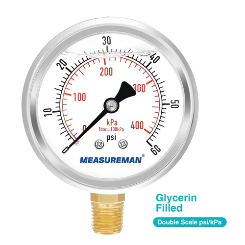 Miniatura 3 de MEASUREMAN Medidor de presión de 0-60 psi/kpa lleno de líquido con adaptador de medidor de latón 1/4NPT hembra, sonda de 2-1/2 pulg. x 1-2/5" x 1/8