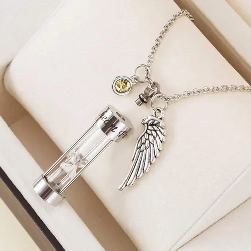 Miniatura 9 de PREKIAR Collar de urna de cremación para cenizas en forma de reloj de arena con dije de recuerdo 12 piedras de nacimiento y un ala de ángel