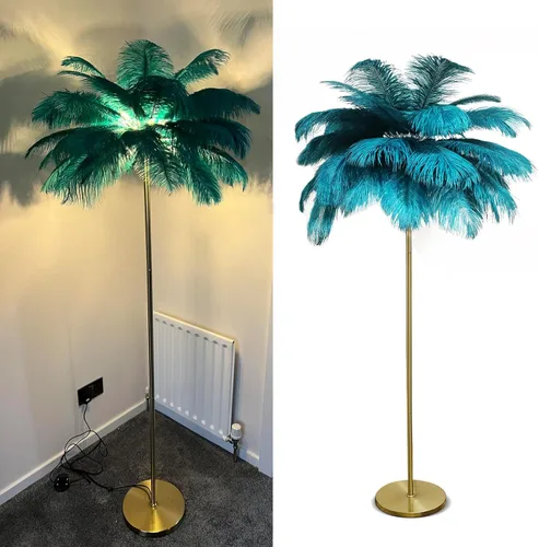 Lámpara de pie de avestruz natural moderna para sala de estar, lámpara de pie LED con interruptor de pie, acabado dorado, elegante pantalla de Azul
