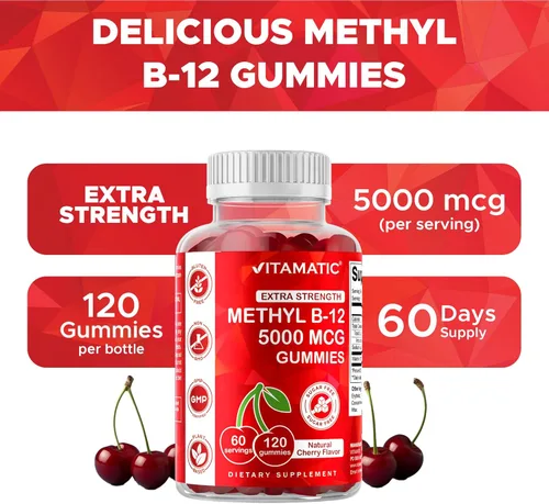 Miniatura 4 de Vitamatic Gomitas de vitamina B12 extra fuertes de 5000 mcg (metilo B12), 120 unidades, apoyo al metabolismo energético y apoyo a la salud