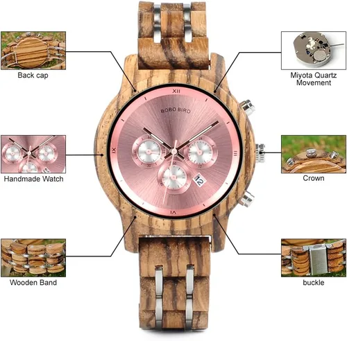 Miniatura 6 de BOBO BIRD Relojes de madera para mujer, correa de metal de madera de lujo, cronógrafo y visualización de fecha, reloj de cuarzo, moda de cebra