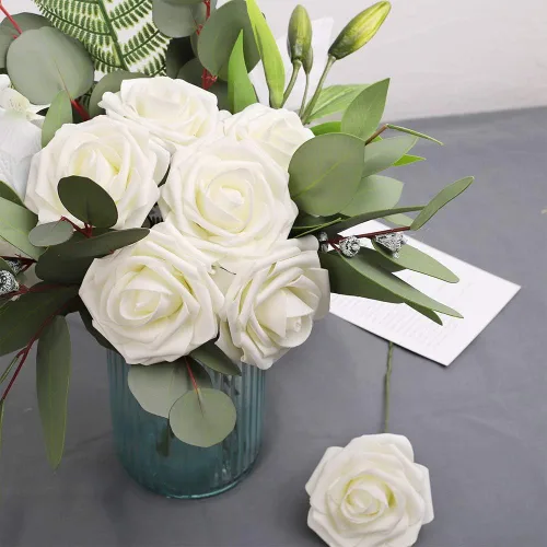 Miniatura 91 de N&T NIETING Flores artificiales, rosas artificiales de color rosa intenso, 50 piezas de flores falsas con tallo para ramos de boda DIY, centros