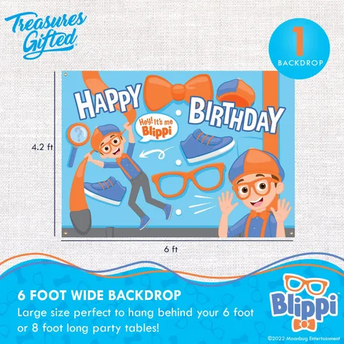 Miniatura 2 de Treasures Gifted Suministros para fiesta de cumpleaños con licencia oficial de Blippi, telón de fondo de Blippi, telón de fondo de feliz cumpleaños