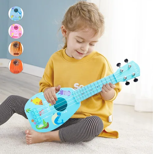Miniatura 4 de YOLOPLUS+ Guitarra de juguete para niños de 17 pulgadas con 4 cuerdas, mini guitarra infantil, instrumentos musicales educativos, juguete de Azul