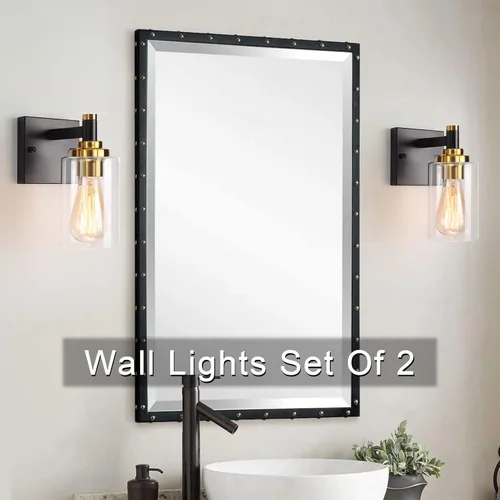 Miniatura 3 de Juego de dos apliques de pared negros y dorados para baño, lámparas de pared de latón, modernas lámparas de pared con pantalla de vidrio, lámparas