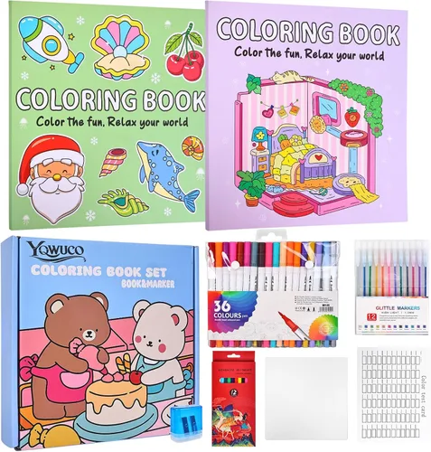 Set de libros para colorear YQWUCO para adultos y adolescentes, lindo libro para colorear para adultos para relajación con 60 marcadores de colores,