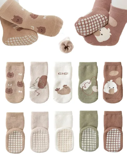Calcetines antideslizantes para bebés, calcetines cálidos y gruesos antideslizantes para niñas y niños, recién nacidos, 5 pares