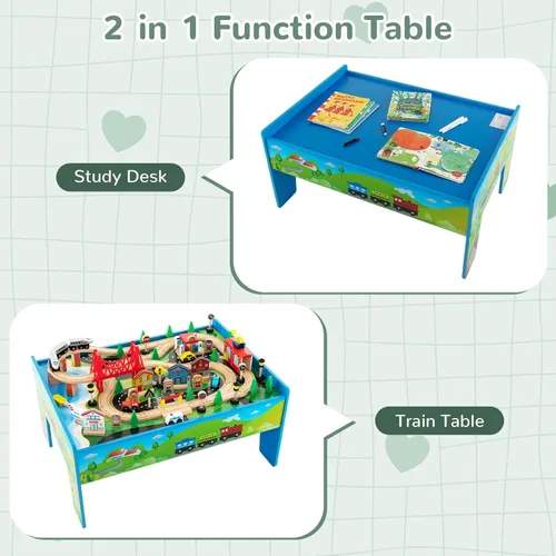 Miniatura 3 de Mesa de Tren INFANS, Juego de 80 Piezas de Madera para Niños con Juego de Actividad Reversible y Desmontable, Pistas, Tren, Ferrocarril, Ciudad