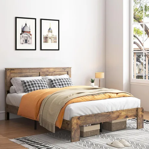 Miniatura 7 de Base de cama completa de madera con cabecera, base de cama de plataforma rústica de granja con soporte de 12 listones de madera, no necesita somier