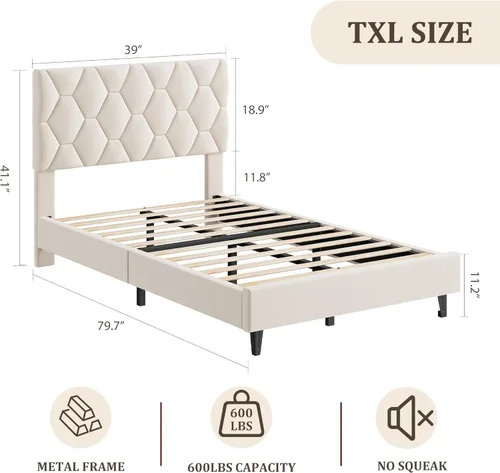 Miniatura 2 de GAOMON Base de cama individual XL beige con cabecera tapizada, base de cama de plataforma resistente con listones de madera fuertes, no necesita