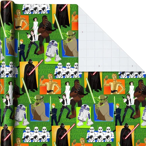 Miniatura 5 de Hallmark Papel de regalo de Star Wars con líneas de corte en el reverso (paquete de 3: 60 pies cuadrados ttl) con Yoda, Darth Vader, Chewbacca