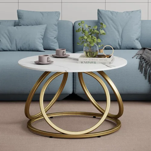 Miniatura 7 de O&K FURNITURE Mesa auxiliar redonda dorada, parte superior de mármol sintético con venas, mesa central moderna con marco de metal dorado, para sala