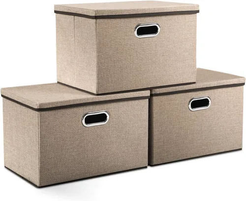 Miniatura 8 de PRANDOM Contenedor de almacenamiento plegable con tapa [1 unidad] Caja de almacenamiento decorativa de tela de lino, cesta organizadora con asas