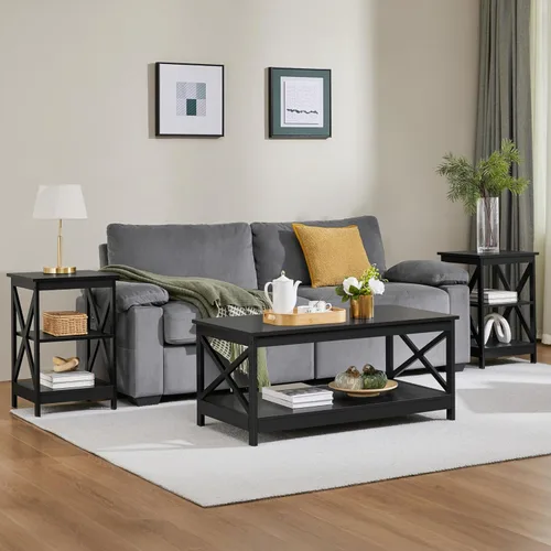 Miniatura 2 de Topeakmart X-Design - Juego de 3 mesas de sala de estar, con 1 mesa auxiliar y 2 mesas laterales para sofá, color negro