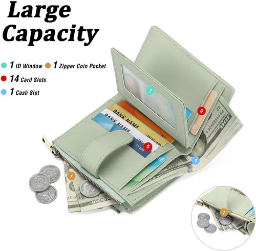 Miniatura 2 de GAEKEAO Cartera pequeña de cuero vegano con bloqueo RFID plegable para mujer, tarjetero compacto con bolsillo con cremallera y ventana