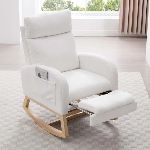 Mecedora de lactancia de 40 pulgadas, sillas de guardería con reposapiés ajustable, respaldo alto, sillón tapizado con bolsillos laterales, mecedora