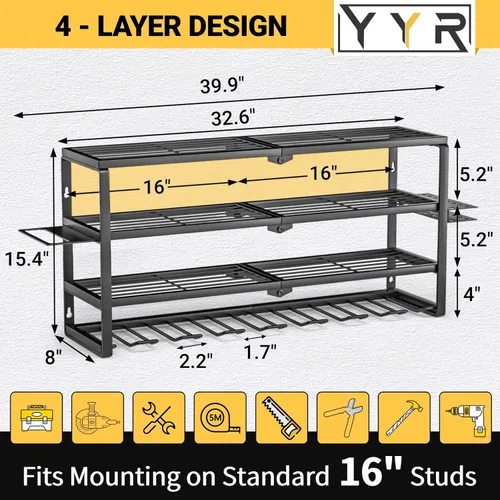 Miniatura 6 de YYR Organizador de herramientas eléctricas de 4 capas para montaje en pared, estante de almacenamiento para taladro inalámbrico, soporte