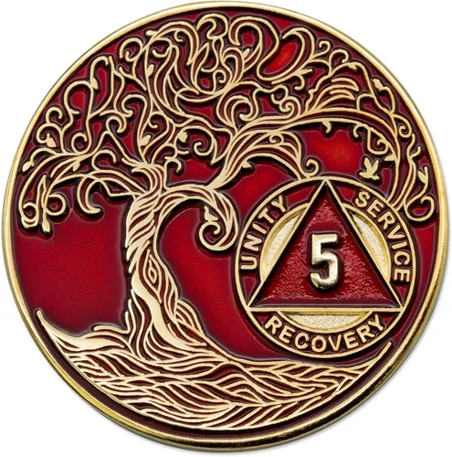 Miniatura 104 de 20 Year Sobriety Mint Twisted Tree of Life - Medallón de recuperación AA chapado en oro, fichas y fichas, color negro